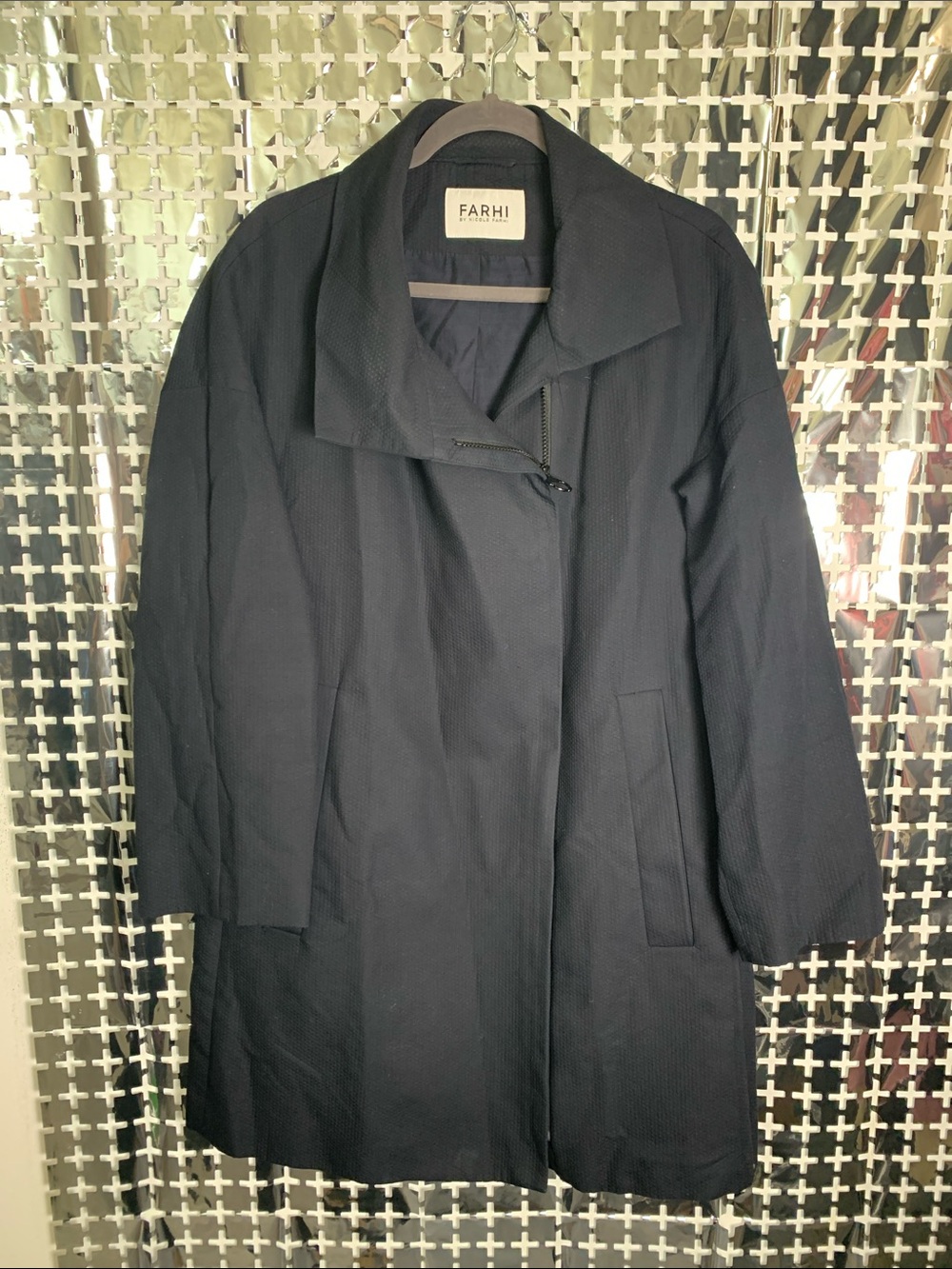 NICOLE FARHI Dark Navy Textured Trench Coat